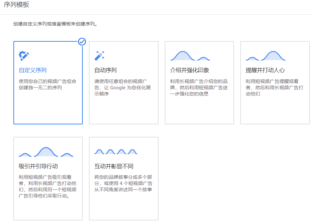 注：使用“广告序列”广告子类型的话系统会以特定顺序向观看者连环展示多个视频广告，以便于将品牌的故事娓娓道来。